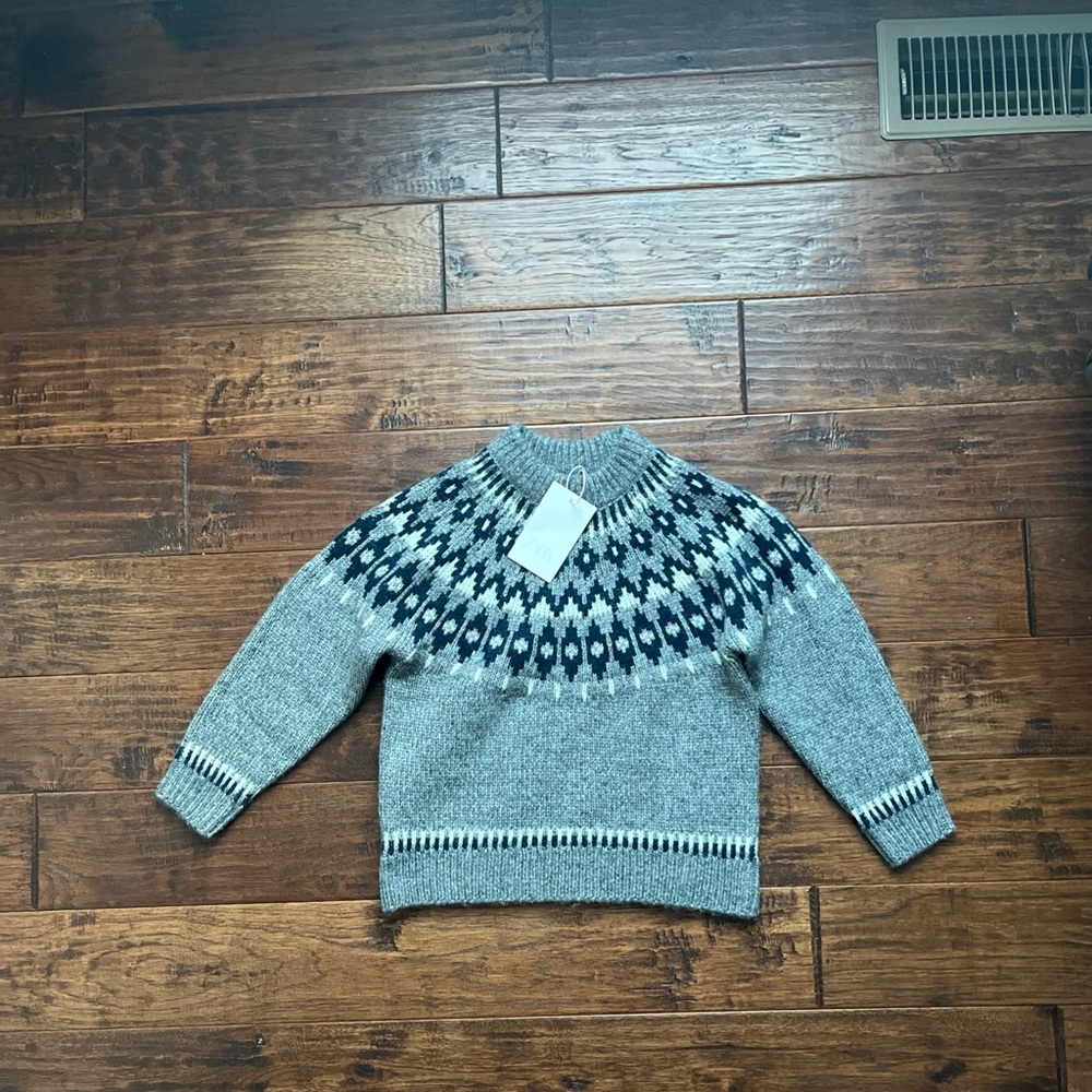 Zara Fair Isle Boys Sweater 6-7 Grey/ Navy Crewneck Sweater NWT